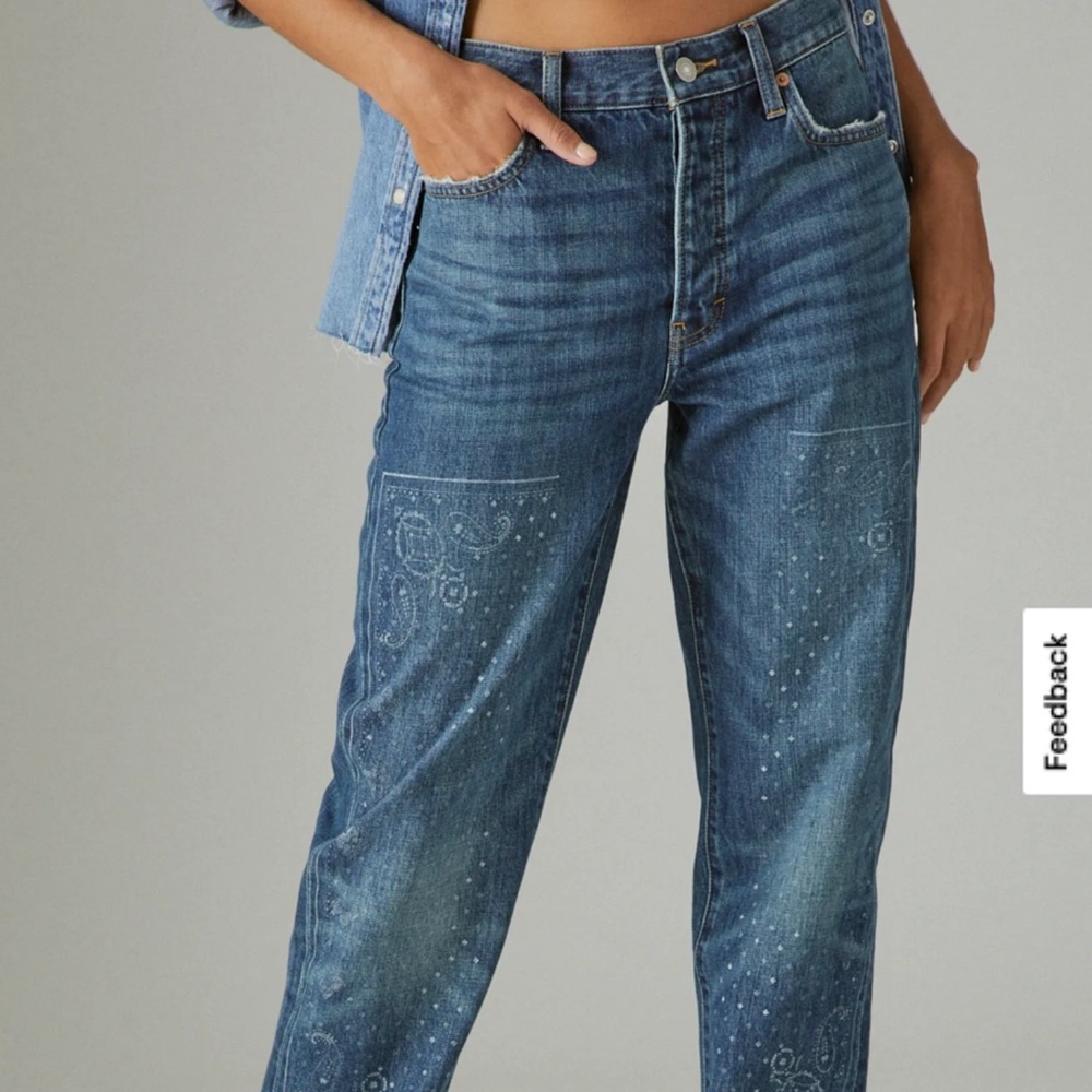 Lucky Brand Mid-Rise Blue Denim Boyfriend Jeans with Subtle Embroidery